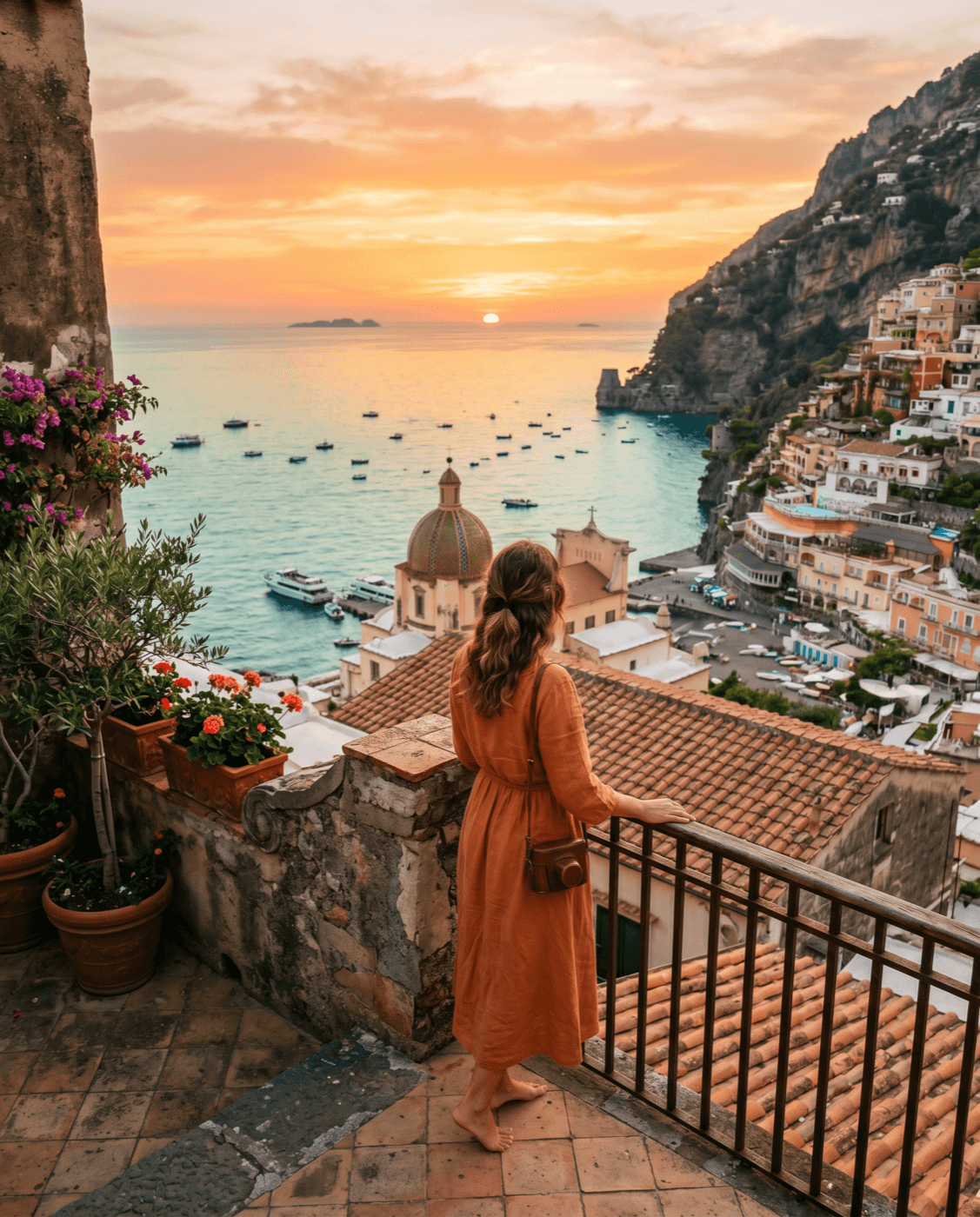 Une voyageuse admirant le coucher de soleil sur une ville côtière